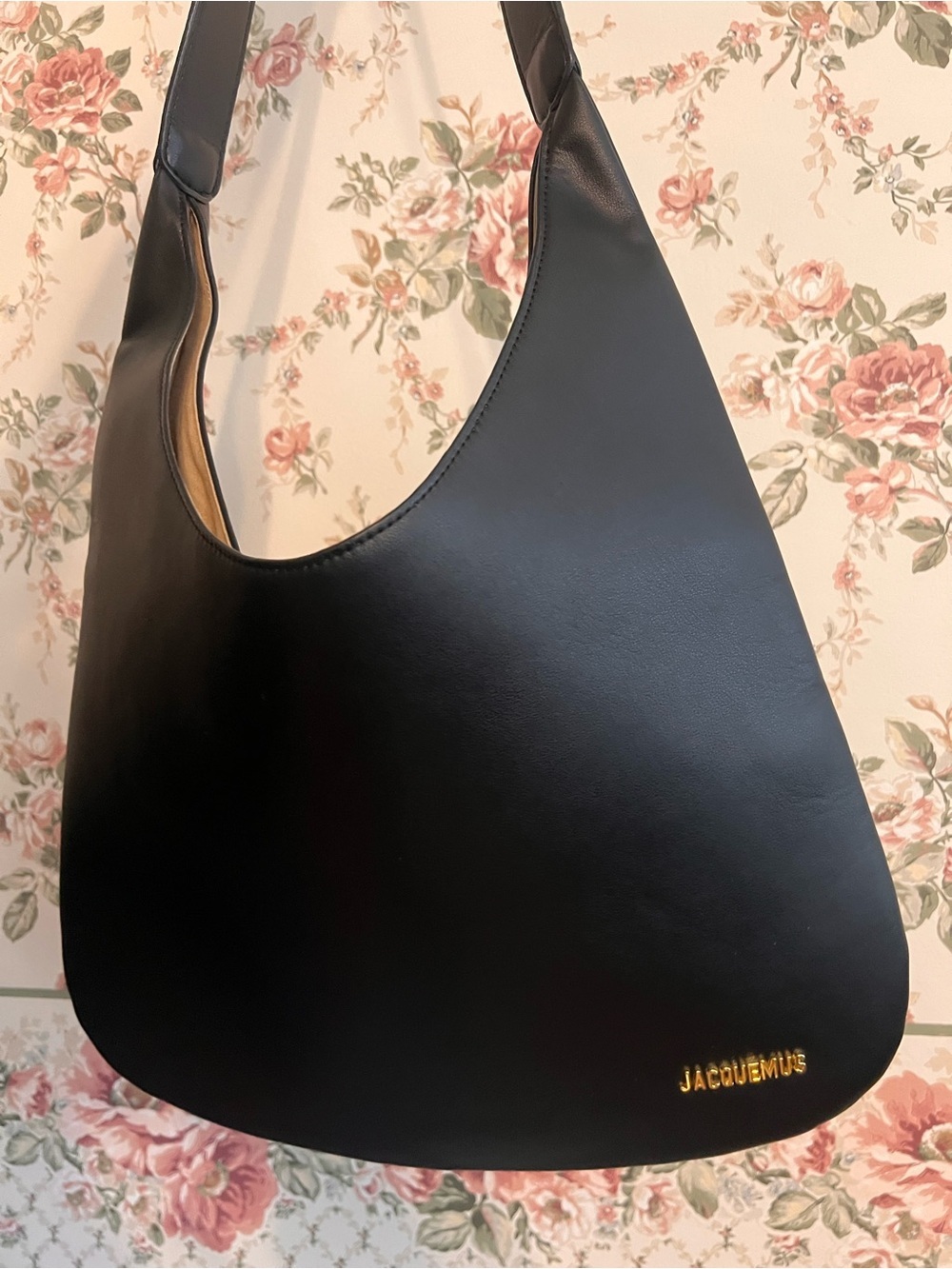 Jacquemus Black Leather Shoulder Bag large hobo curved moon sleek gold logo